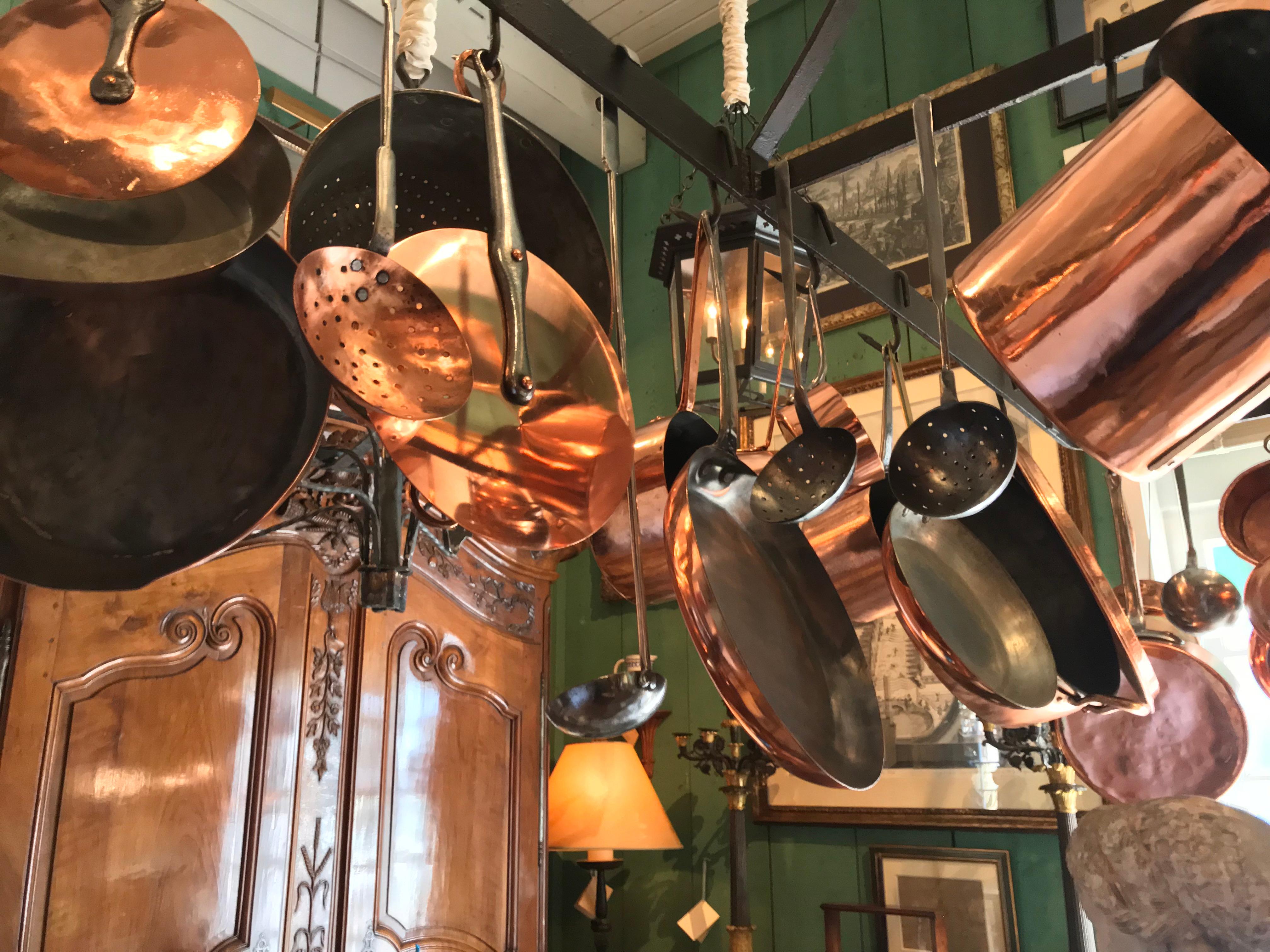 Kitchen Ceiling Mounted Pot Rack with Antique Copper Pots Pans Cookware In Good Condition In West Hollywood, CA