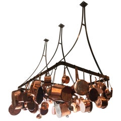 Kitchen Ceiling Mounted Pot Rack with Antique Copper Pots Pans Cookware