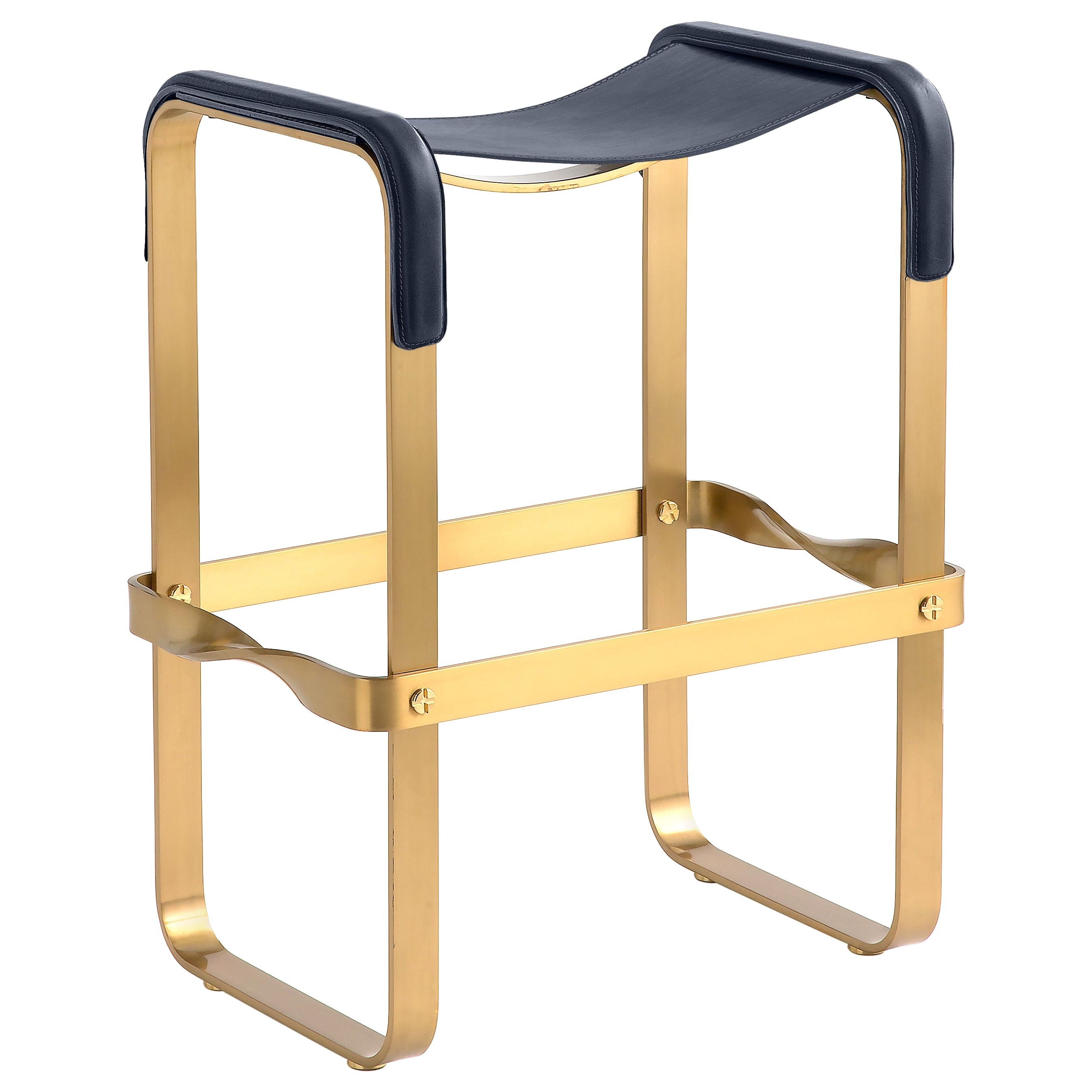 Contemporary Kitchen Counter Bar Stool Aged Brass Metal & Blue Navy Leather For Sale