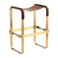Contemporary Kitchen Counter Bar Stool, Aged Brass Metal & Dark Brown Leather