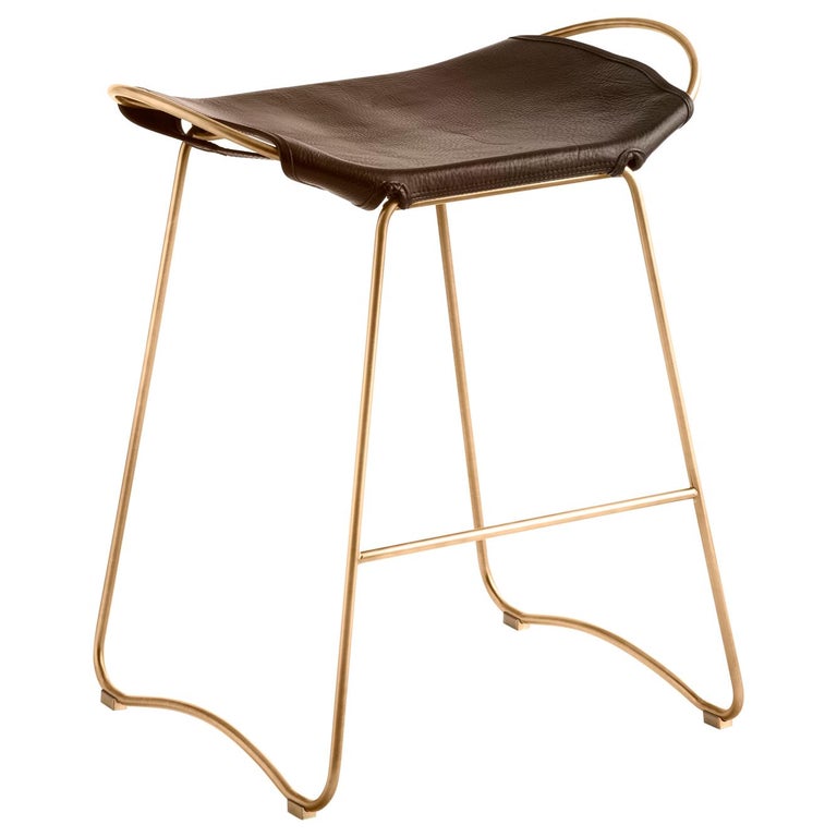 Kitchen Counter Stool Aged Brass Steel and Dark Brown Leather Contemporary Style For Sale at 1stDibs