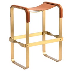 Contemporary Kitchen Counter Bar Hocker Aged Brass Metall Natural Tobacco Leder