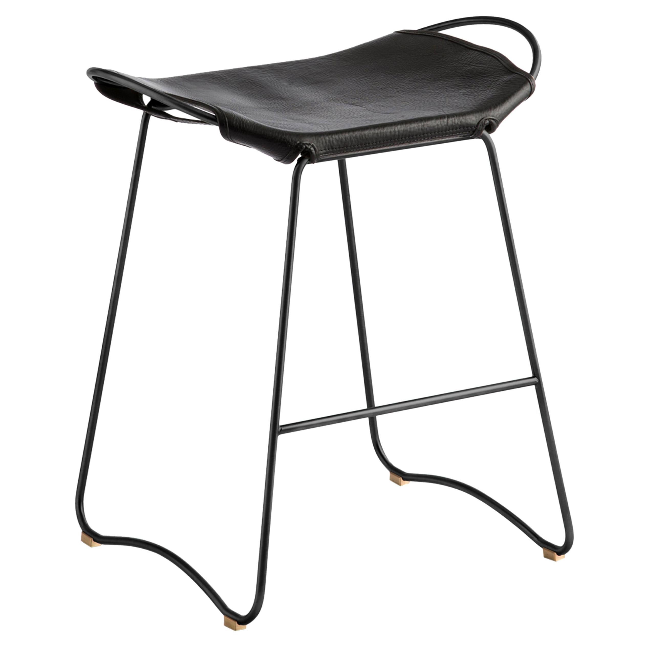 Contemporary  Kitchen Counter Bar Stool Black Smoke Steel & Black Leather For Sale
