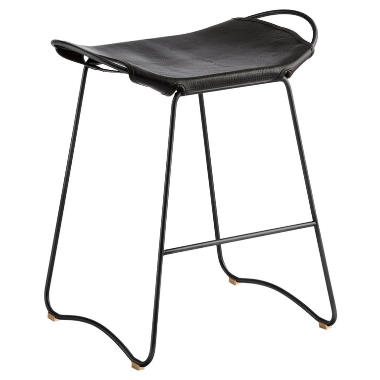 Kitchen Counter Stool Black Smoke Steel & Black Leather, Contemporary Style For Sale