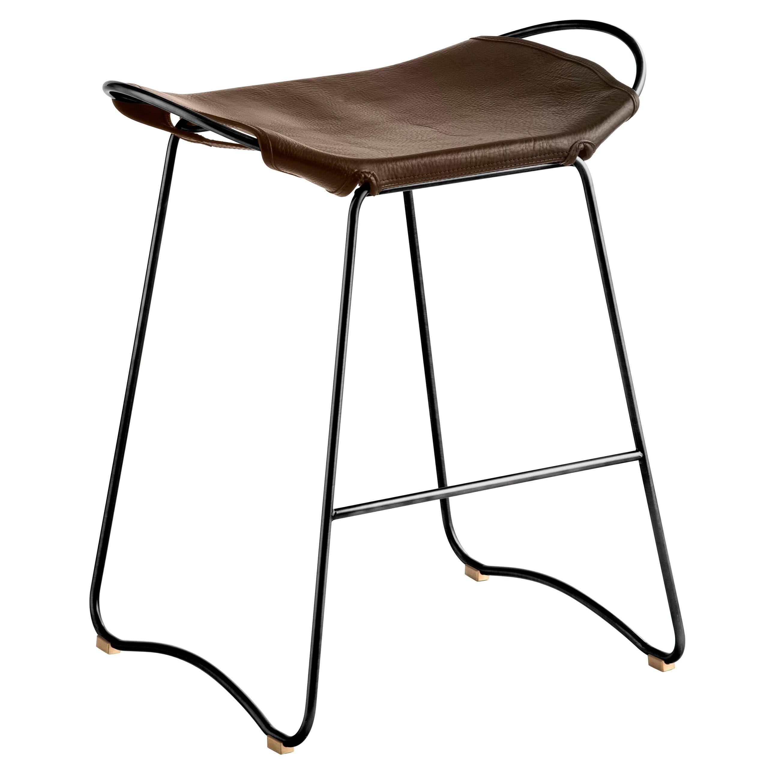 Tabouret de bar de comptoir de cuisine contemporain Métal fumé noir et cuir Brown foncé