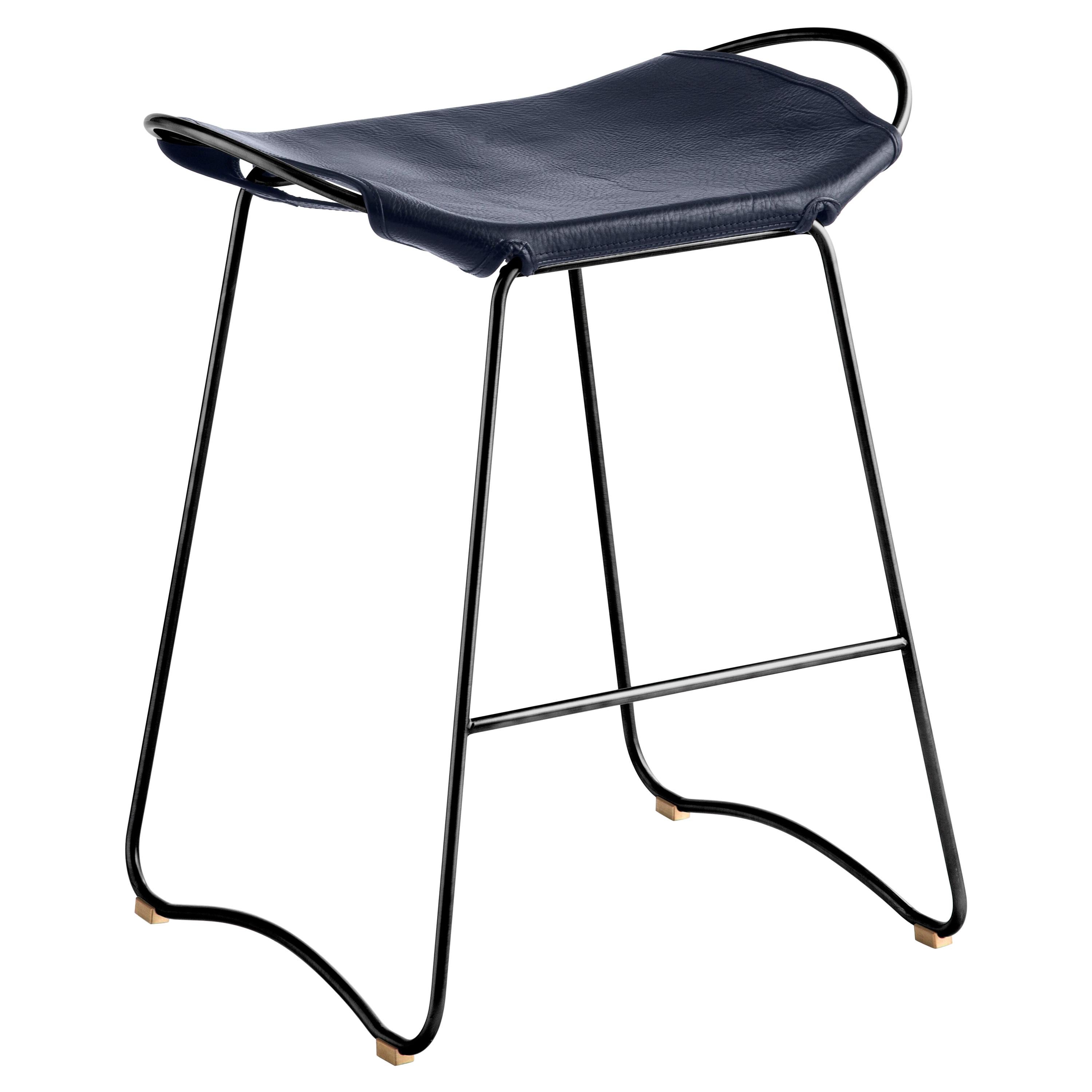 Kitchen Counter Stool Black Smoke Steel & Navy Blue Leather, Contemporary Style