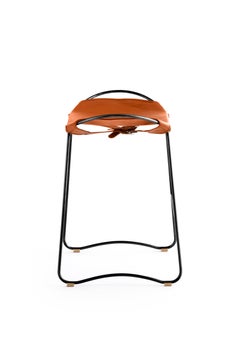 Tabouret de bar de comptoir de cuisine Contemporary Steel Black Steel & Natural Tobacco Leather