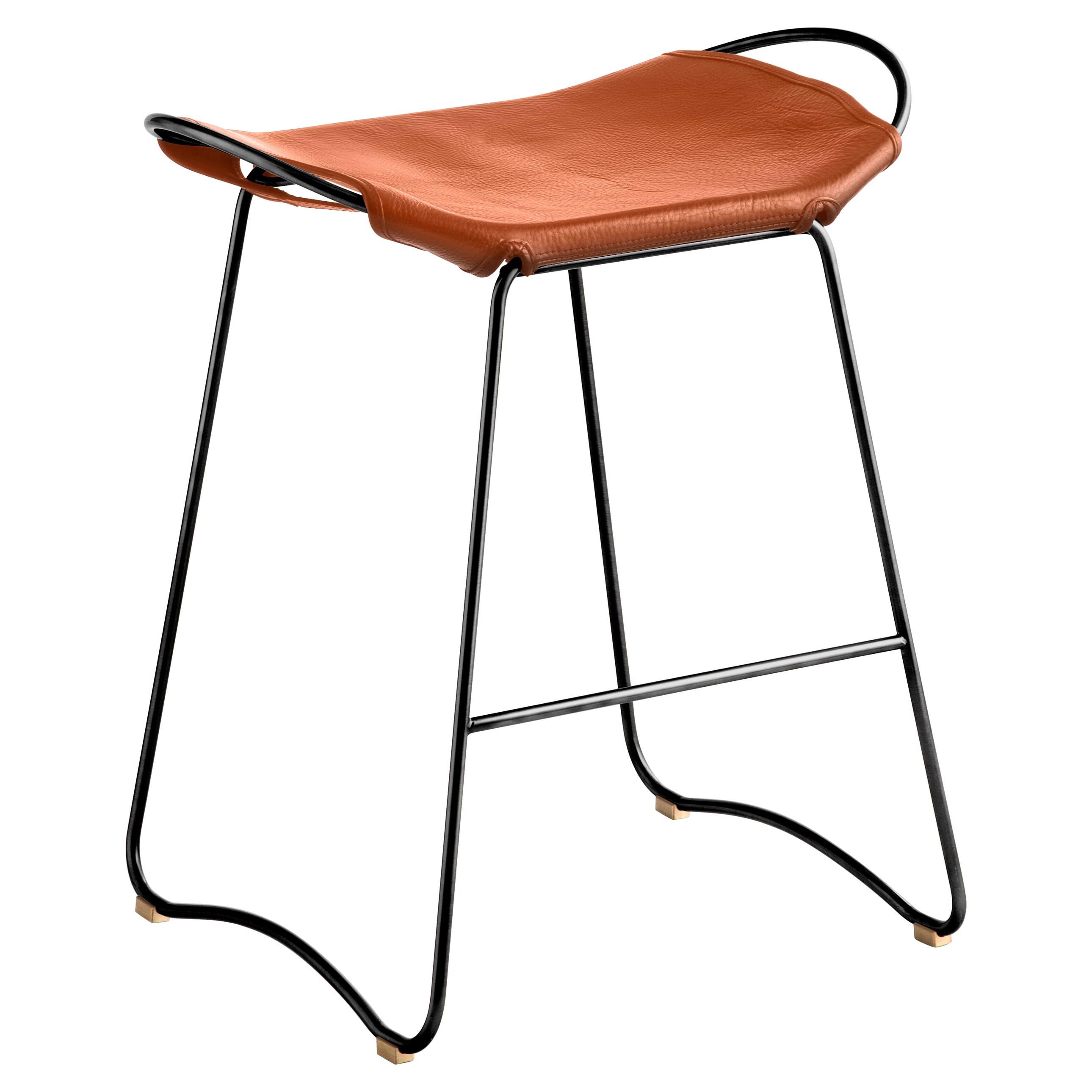 Kitchen Counter Stool Black Steel & Natural Tobacco Leather, Contemporary Style
