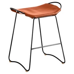 Tabouret de bar de comptoir de cuisine Contemporary Steel Black Steel & Natural Tobacco Leather