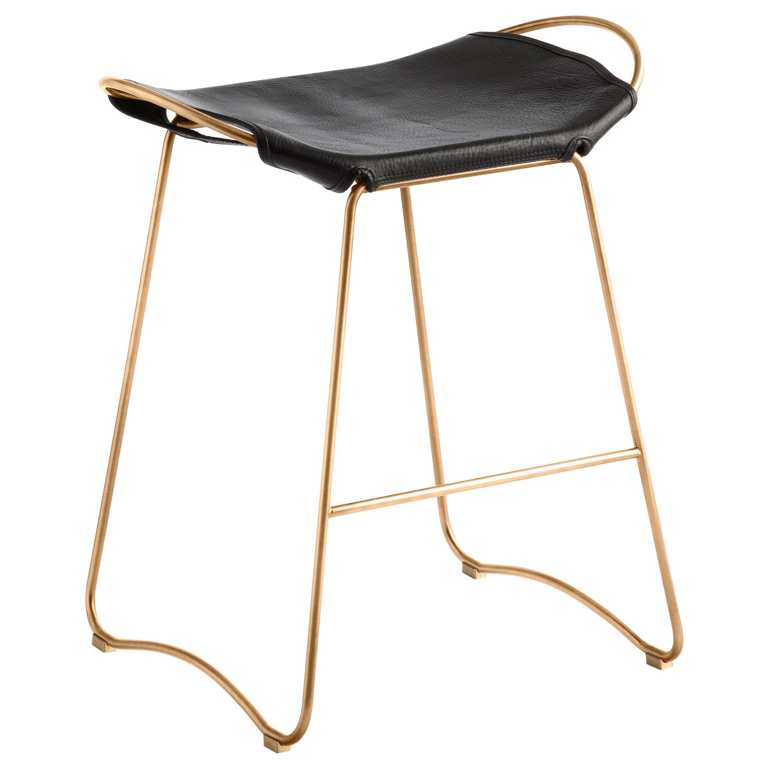 Contemporary Organic Kitchen Counter Bar Stool Brass Metal & Black Leather