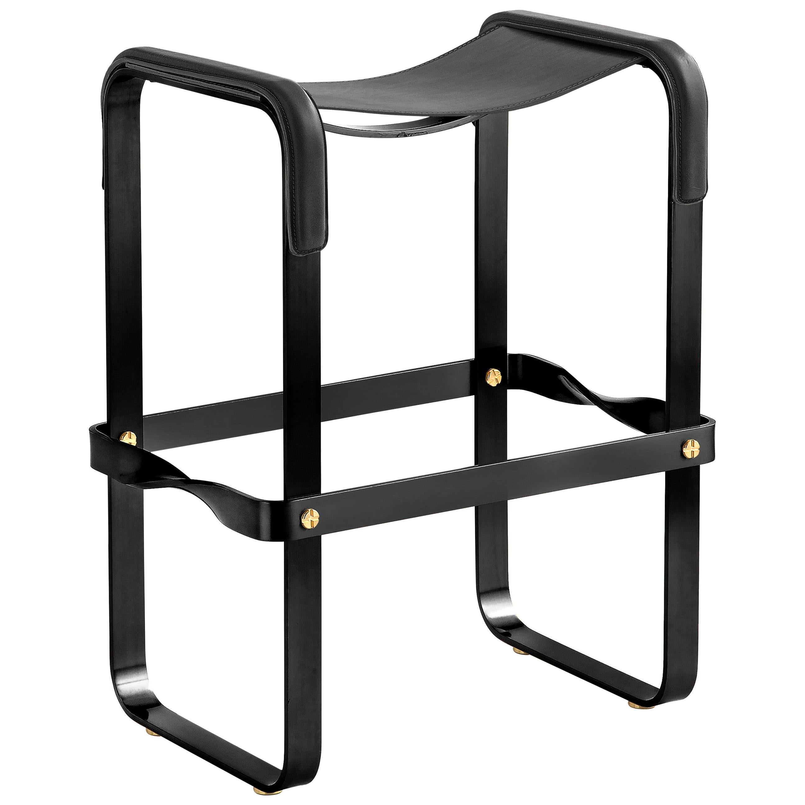 Kitchen Counter Stool, Contemporary Design, Black Smoke Steel and Black Leather