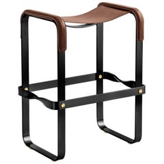 Contemporary Kitchen Counter Bar Stool, Black Metal & Dark Brown Leather