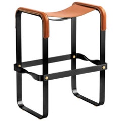 Contemporary Kitchen Counter Bar Stool Black Metal & Natural Tobacco Leather