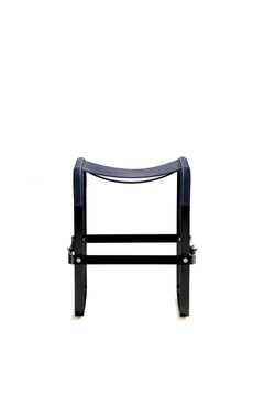 Contemporary  Kitchen Counter Bar Stool Black Smoke Steel & Navy Blue Leather