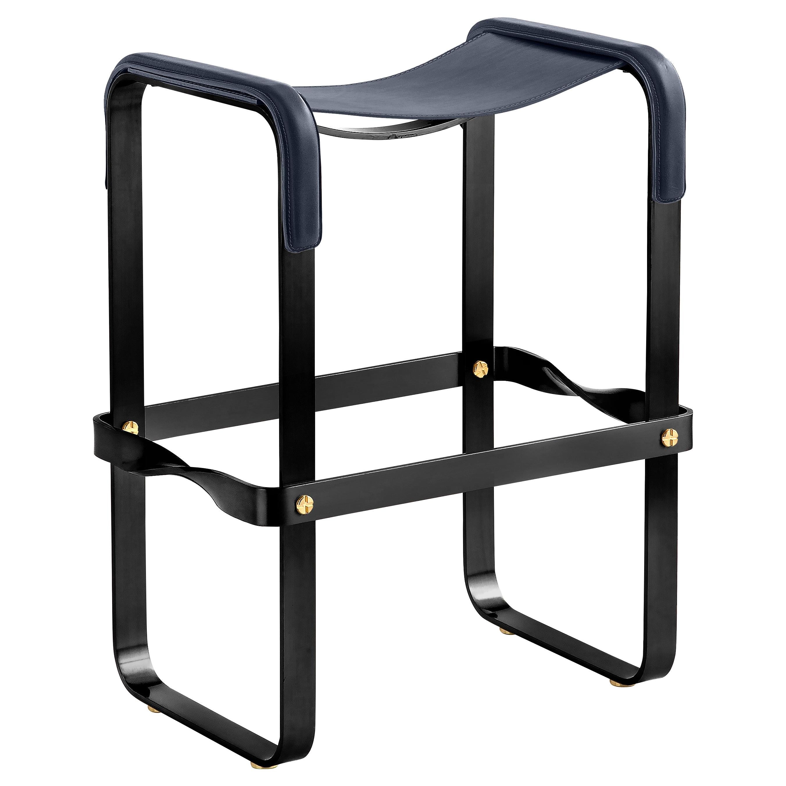 Contemporary  Kitchen Counter Bar Stool Black Smoke Steel & Navy Blue Leather For Sale