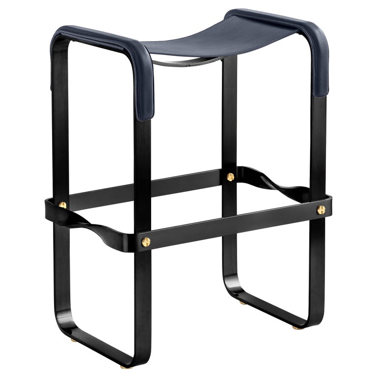 Kitchen Counter Stool, Contemporary Design, Black Steel & Navy Blue Leather For Sale