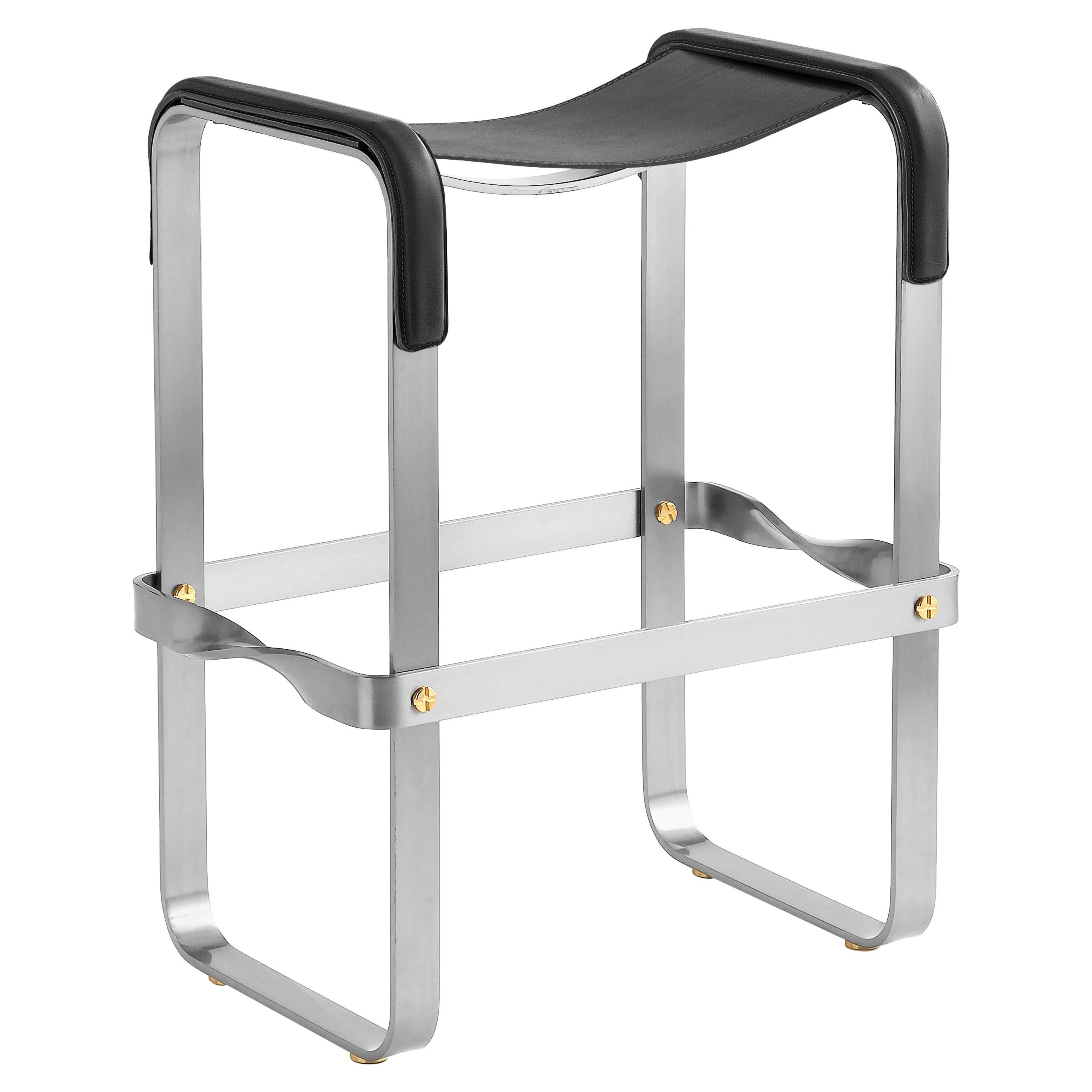 Tabouret de bar de comptoir de cuisine Contemporary Old Silver Steel & Black Leather