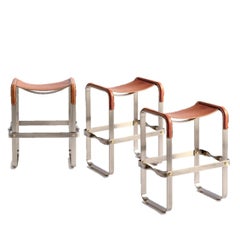 Contemporary Kitchen Counter Bar Stool Old Silver Steel Natural Tobacco Leather