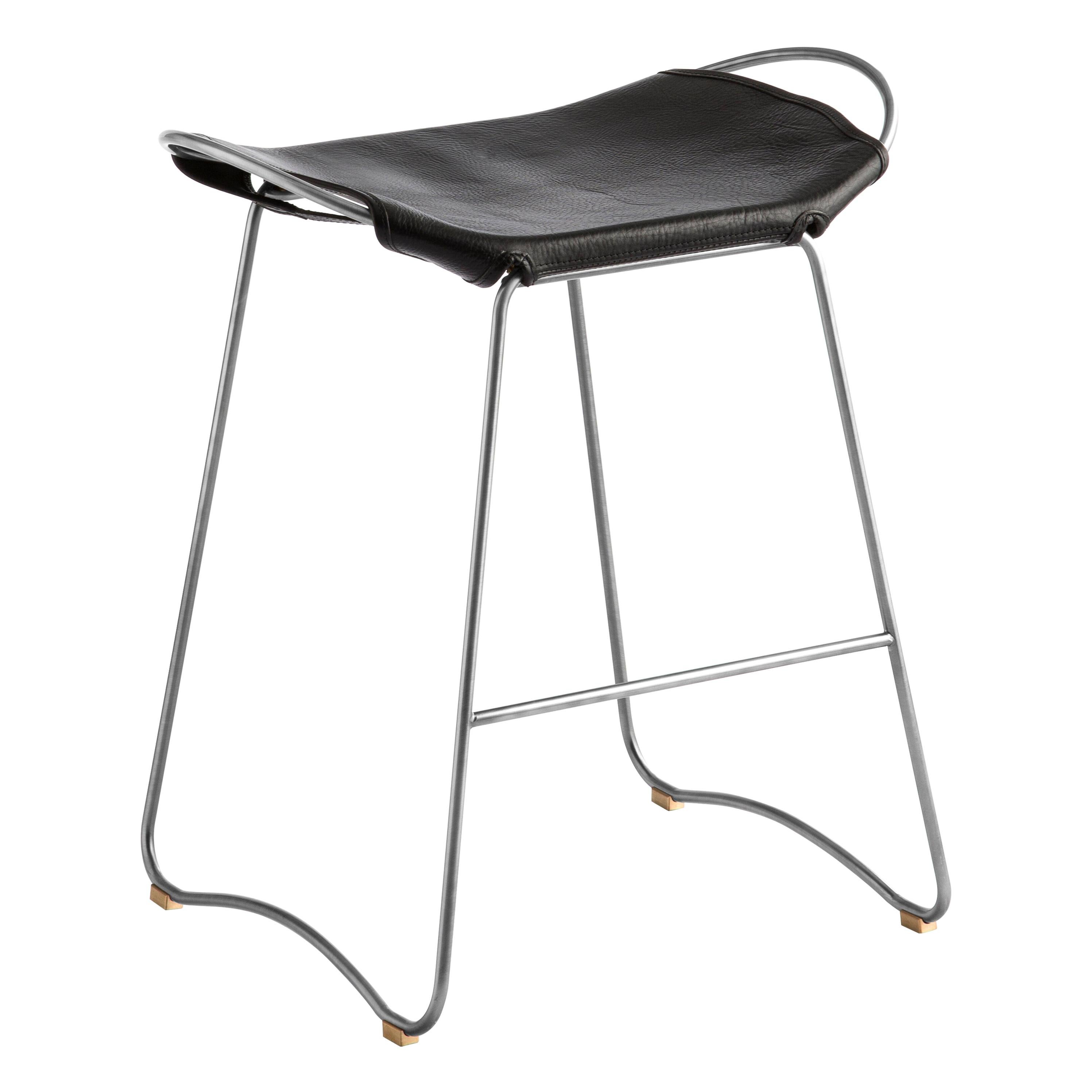 Contemporary Kitchen Organic Counter Bar Stool Old Silver Metal Black Leather   en vente