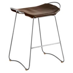 Kitchen Counter Stool Old Silver Steel & Dark Brown Leather, Contemporary Style