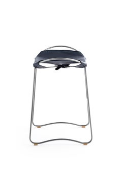 Contemporary Kitchen Counter Barstool Old Silver Steel & Navy Blue Leather