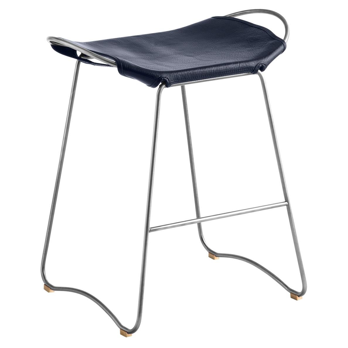 Contemporary Kitchen Counter Barstool Old Silver Steel & Navy Blue Leather For Sale