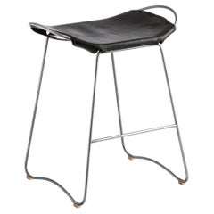 Kitchen Counter Stool, Silver Steel & Black Saddle Leather Contemporary Design 