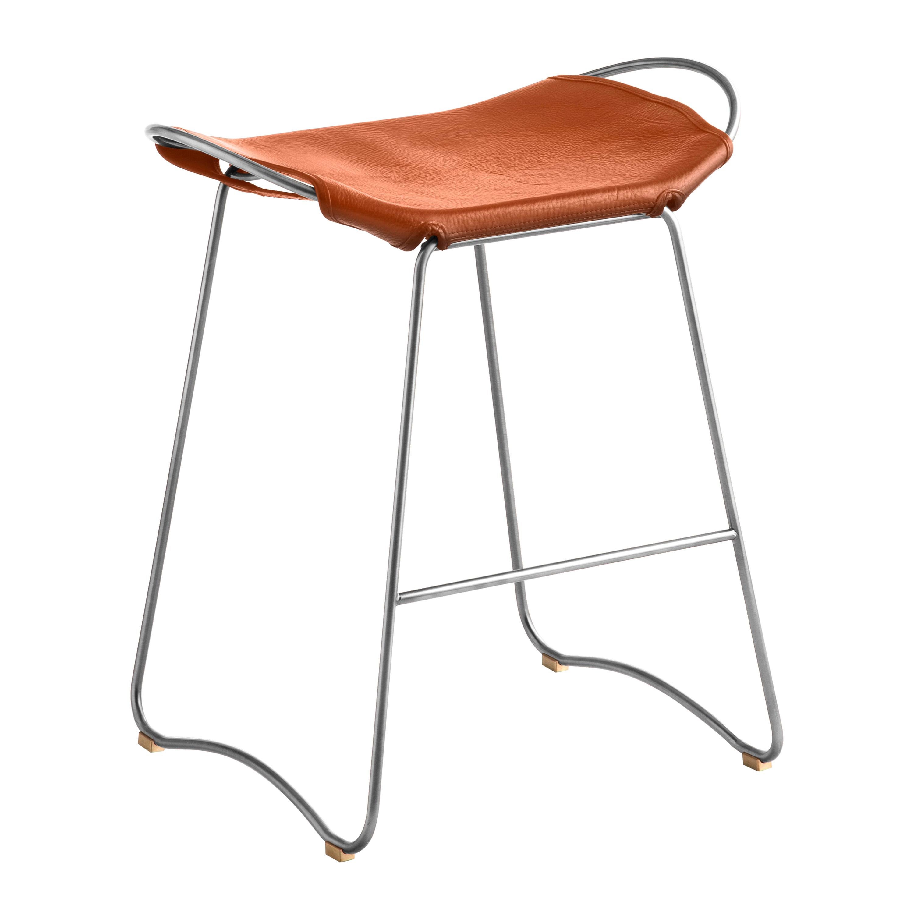 Kitchen Counter Stool Silver Steel & Natural Tobacco Leather, Contemporary Style