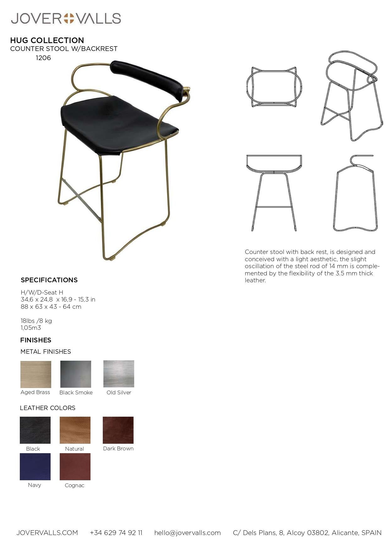 Taburete de barra de cocina contemporáneo con respaldo de acero ahumado negro Piel negra Siglo XXI y contemporáneo en venta