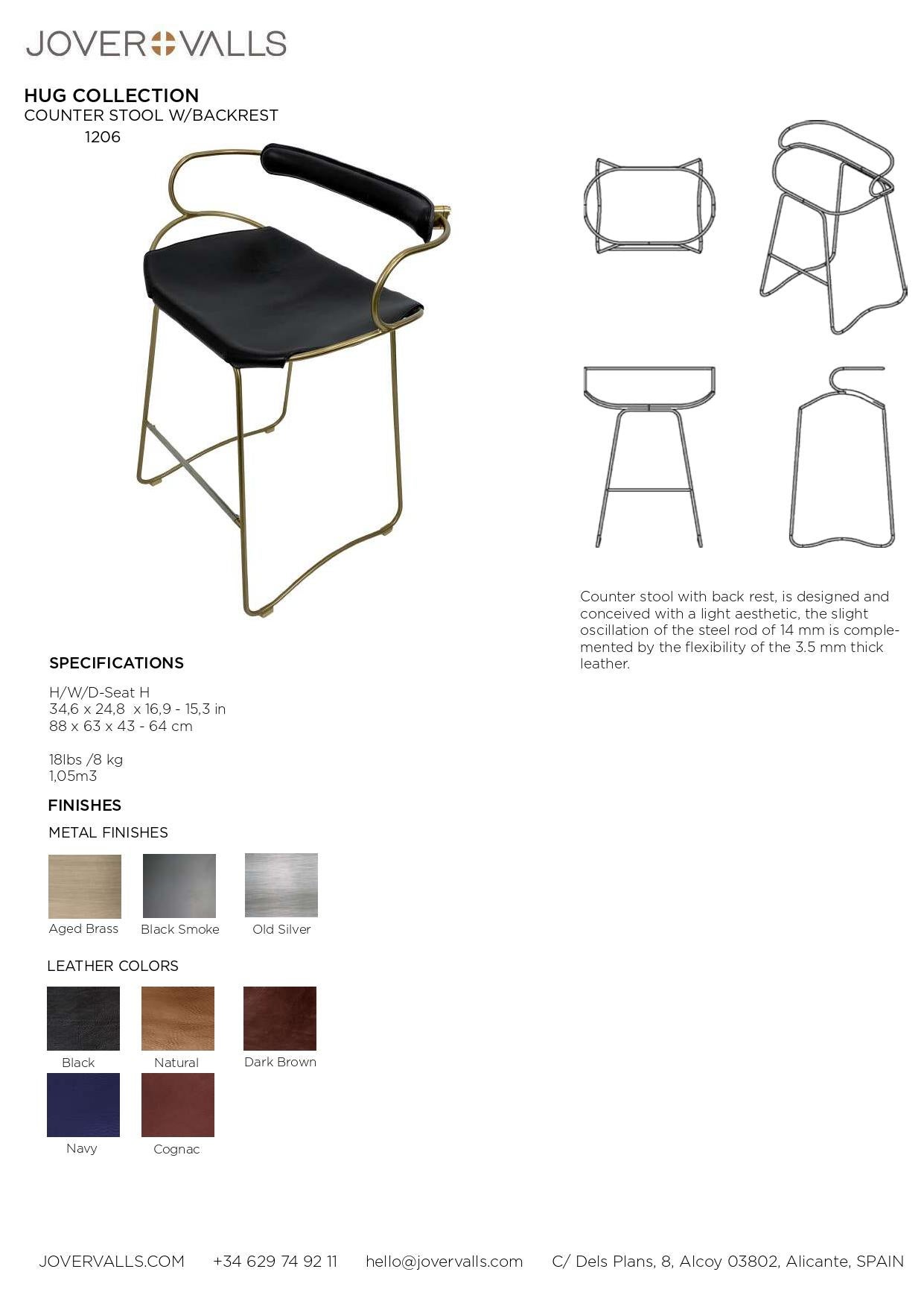 Sculptural Kitchen Counter Bar Stool w Backrest Brass Metal & Black Leather In New Condition For Sale In Alcoy, Alicante