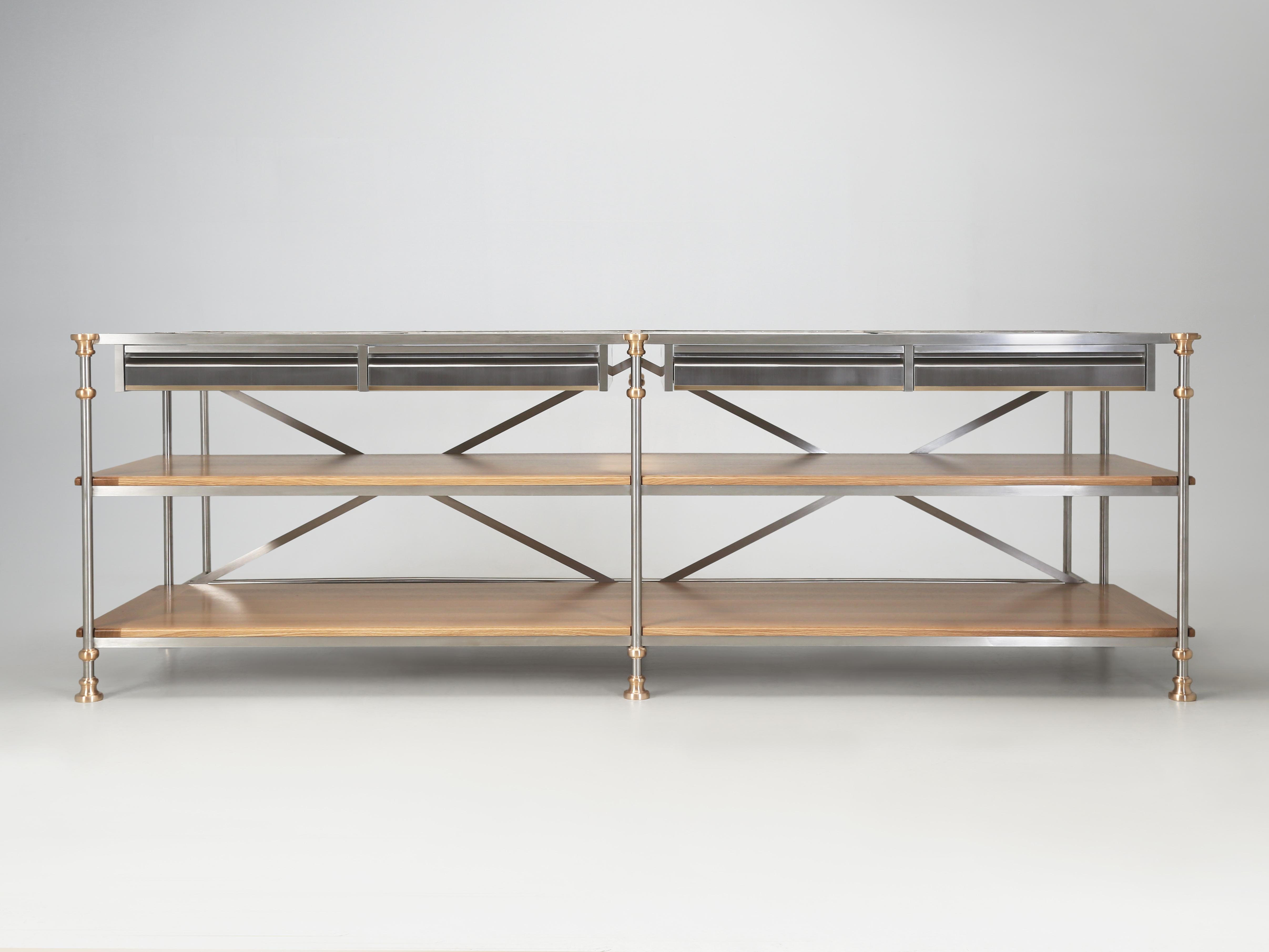 Kitchen Island or Industrial Style Work Table built in Chicago by Old Plank to your exacting specifications. The Kitchen Island or Work Table shown was made from Stainless Steel, Bronze, Brass and Rift-Cut White Oak. Options are endless and we can