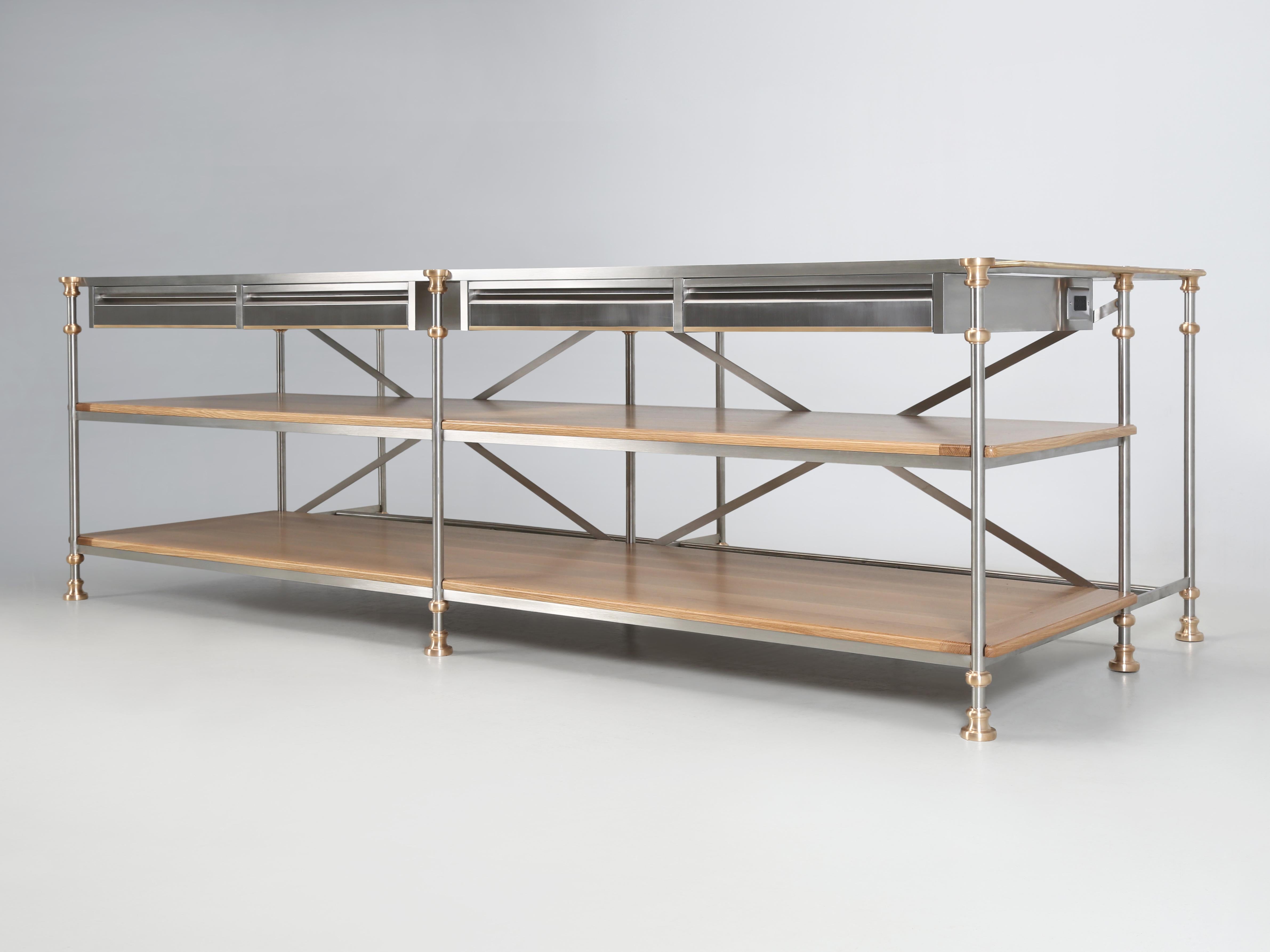 Industrial Kitchen Island in Stainless Bronze Oak Made to Order Chicago Any Size or Finish For Sale