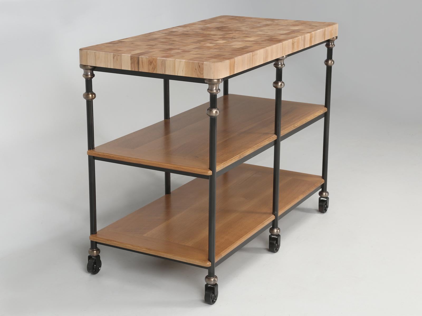 Industrial Kitchen Island with Butcher Block Top Any Dimension Made in Chicago to Your Spec For Sale