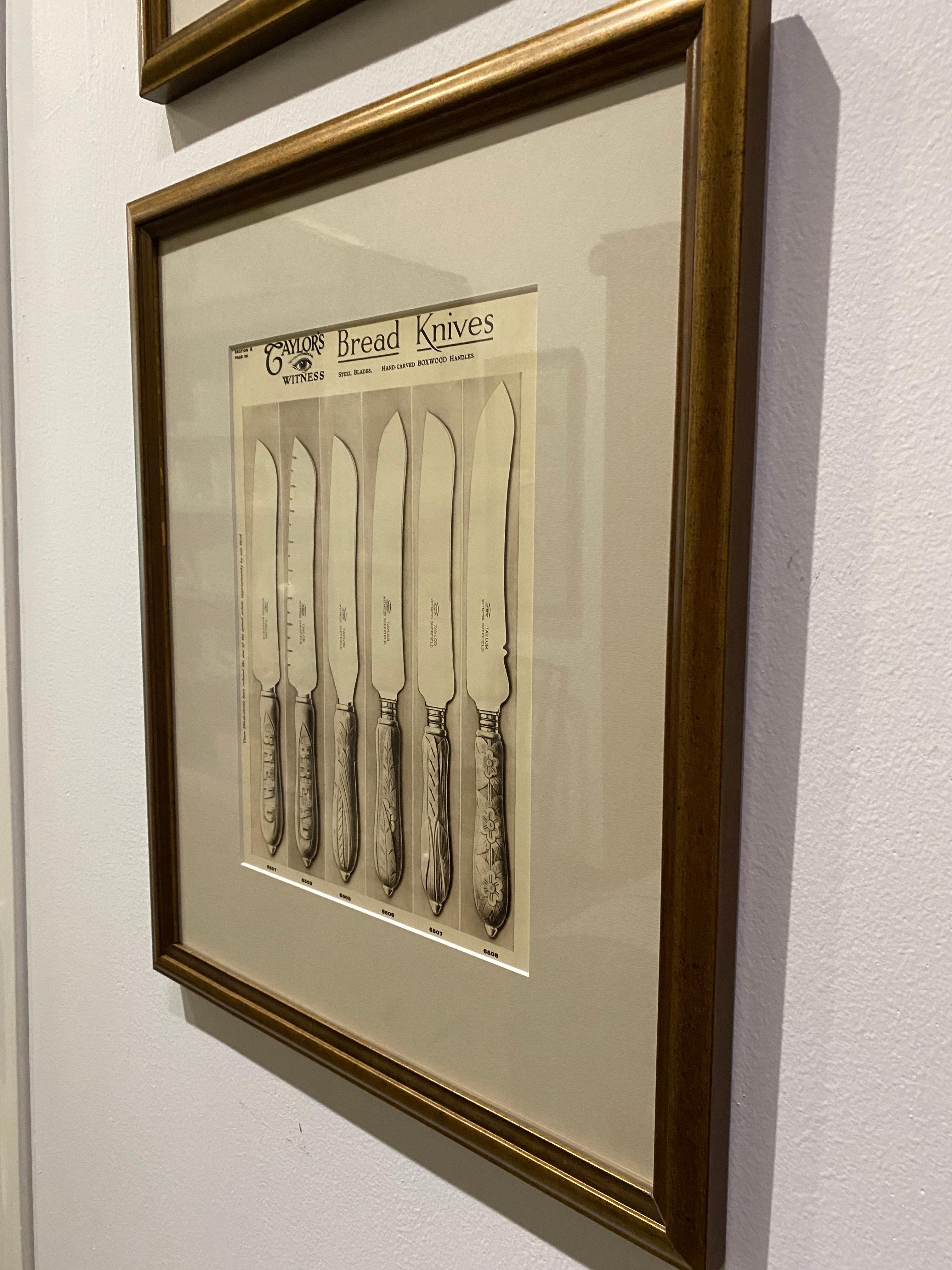 Vintage drawing of bread knives matted and framed in a new wood frame.