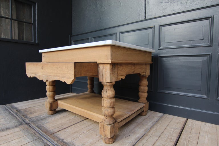 Kitchen Prep Table or Kitchen Island Made of Oak and Carrara Marble at
