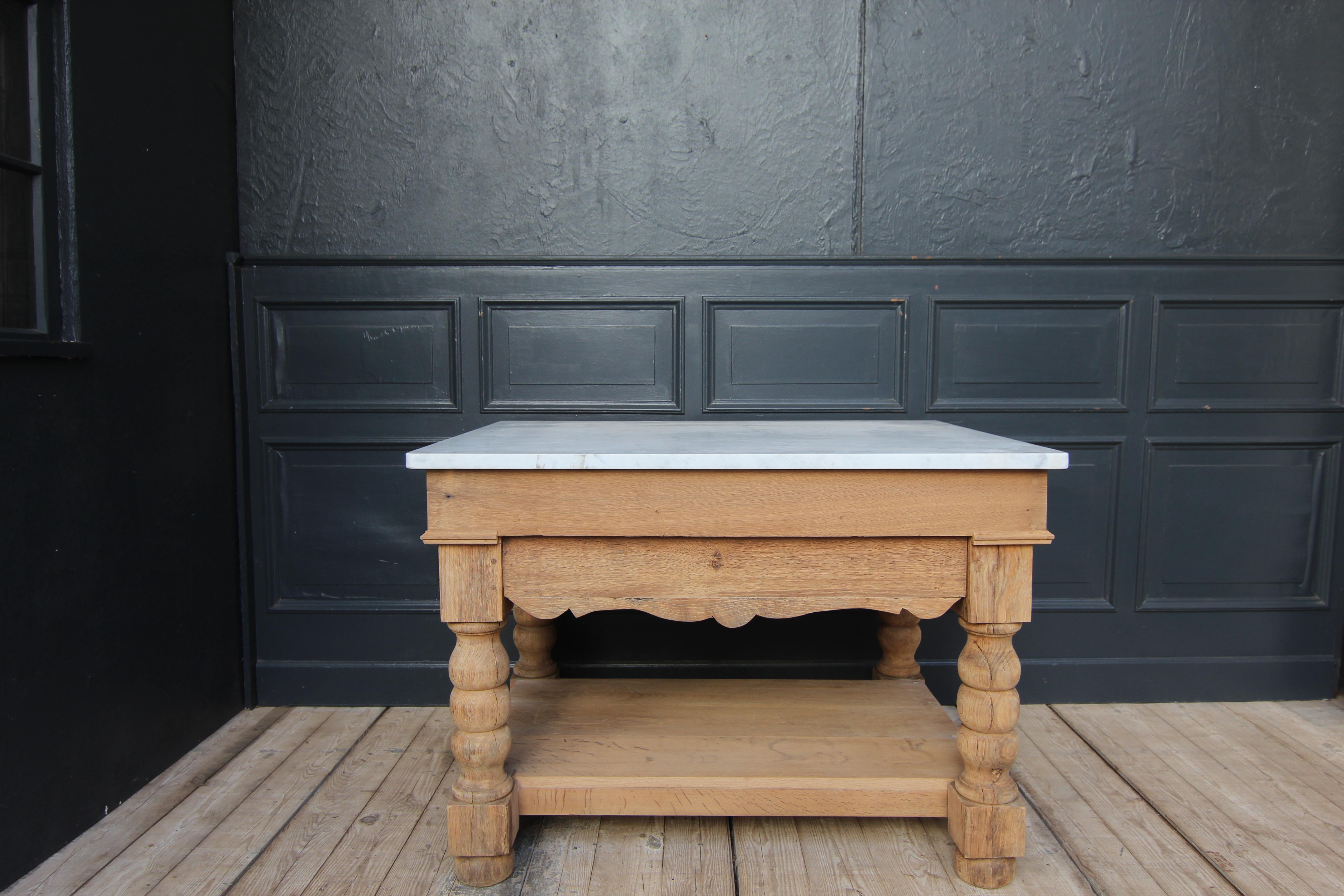 19th Century Kitchen Prep Table or Kitchen Island Made of Oak and Carrara Marble