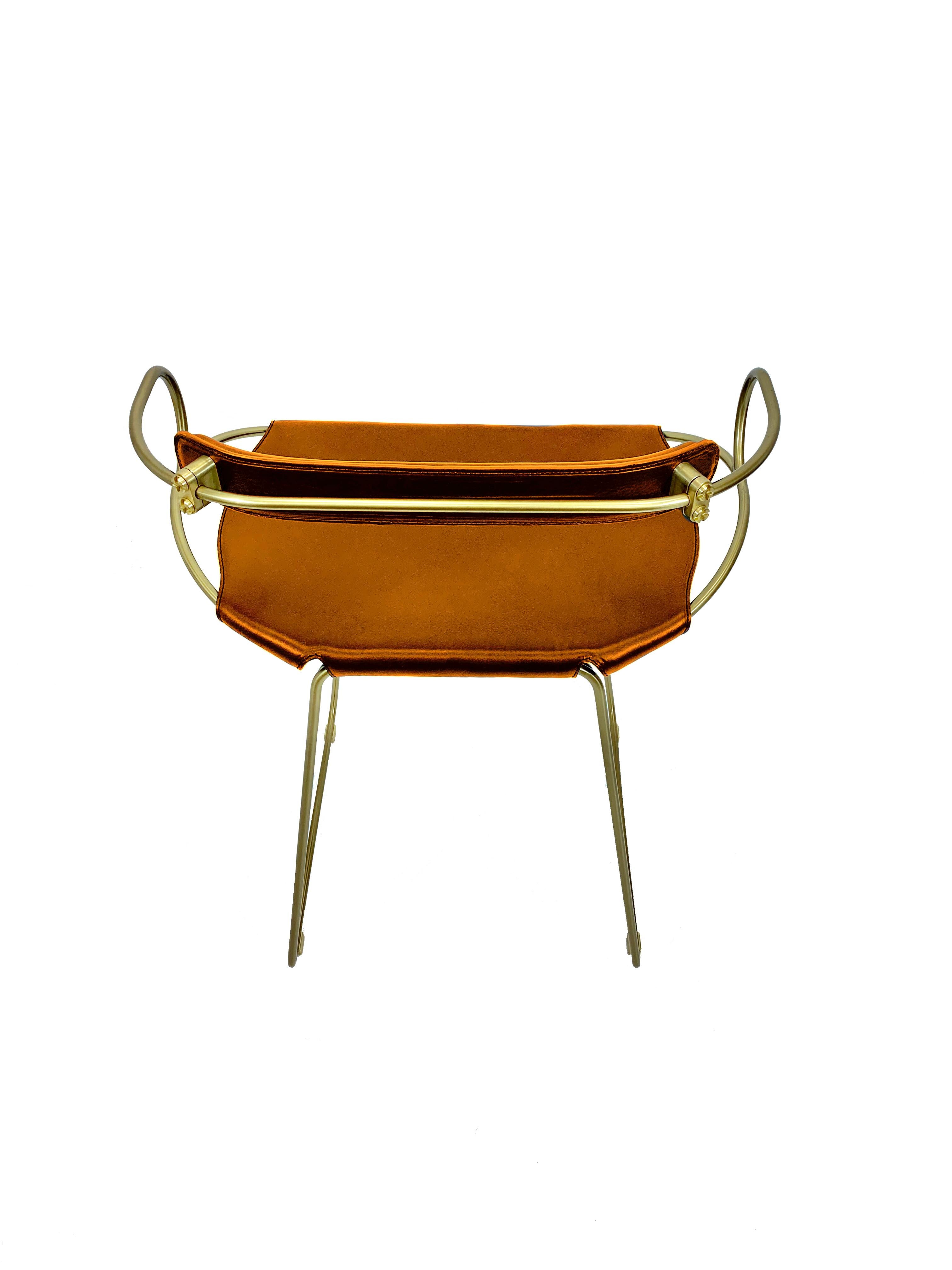 Plated Kitchen Stool with Backrest Brass Steel Natural Tobacco Leather Modern For Sale