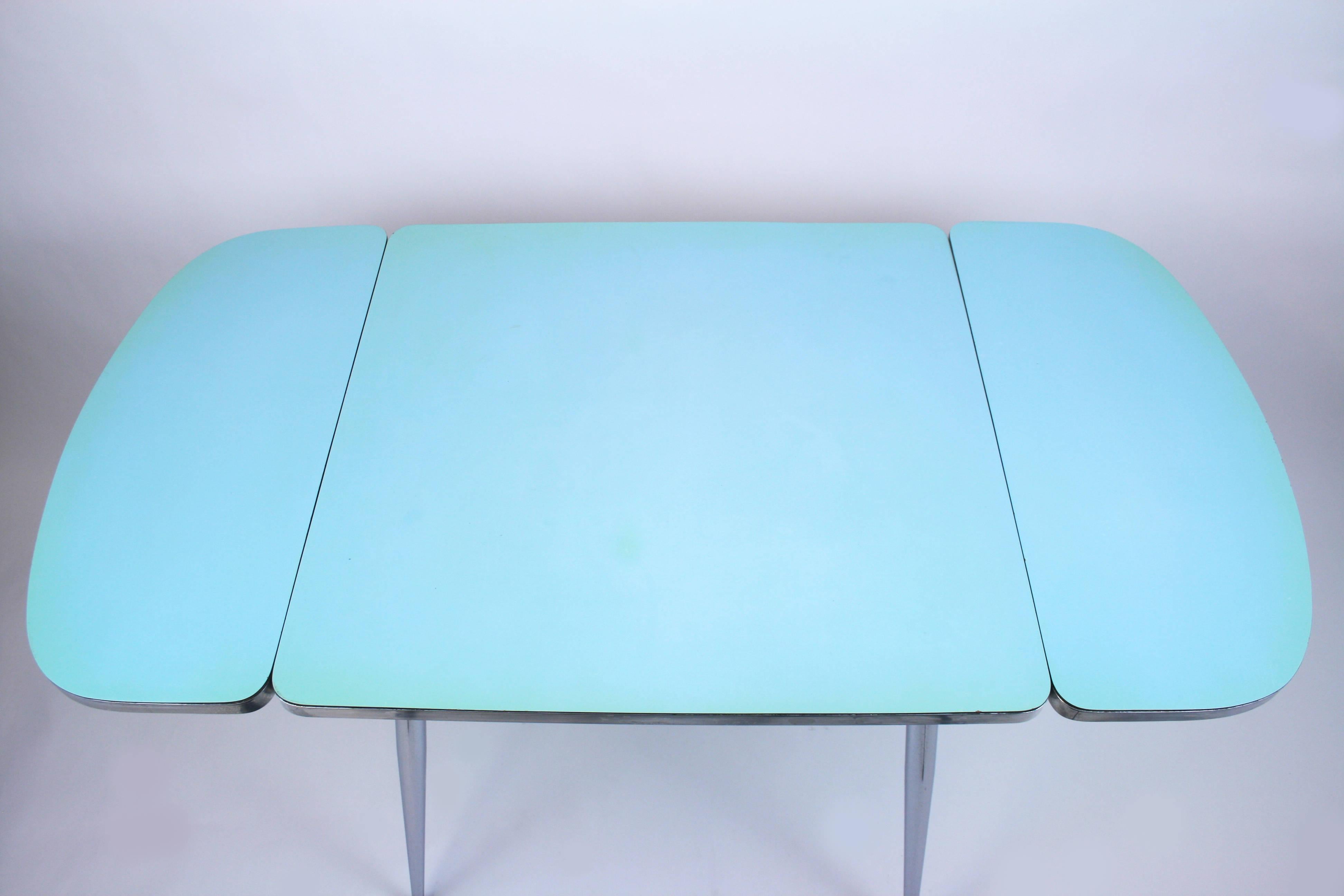 Mid-20th Century Kitchen Table Lightblue French Design Chromium Legs Foldable Original 1960s For Sale