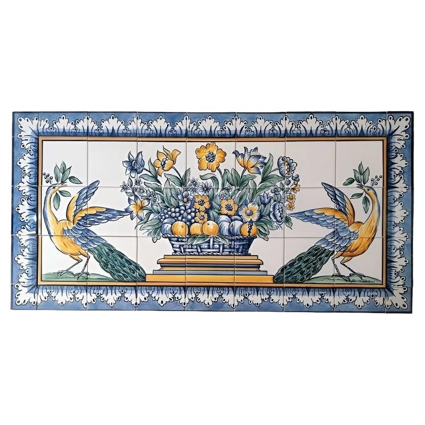 Salpicadero de azulejos portugueses - Azulejos pintados a mano "Cesta de flores y pájaros"
