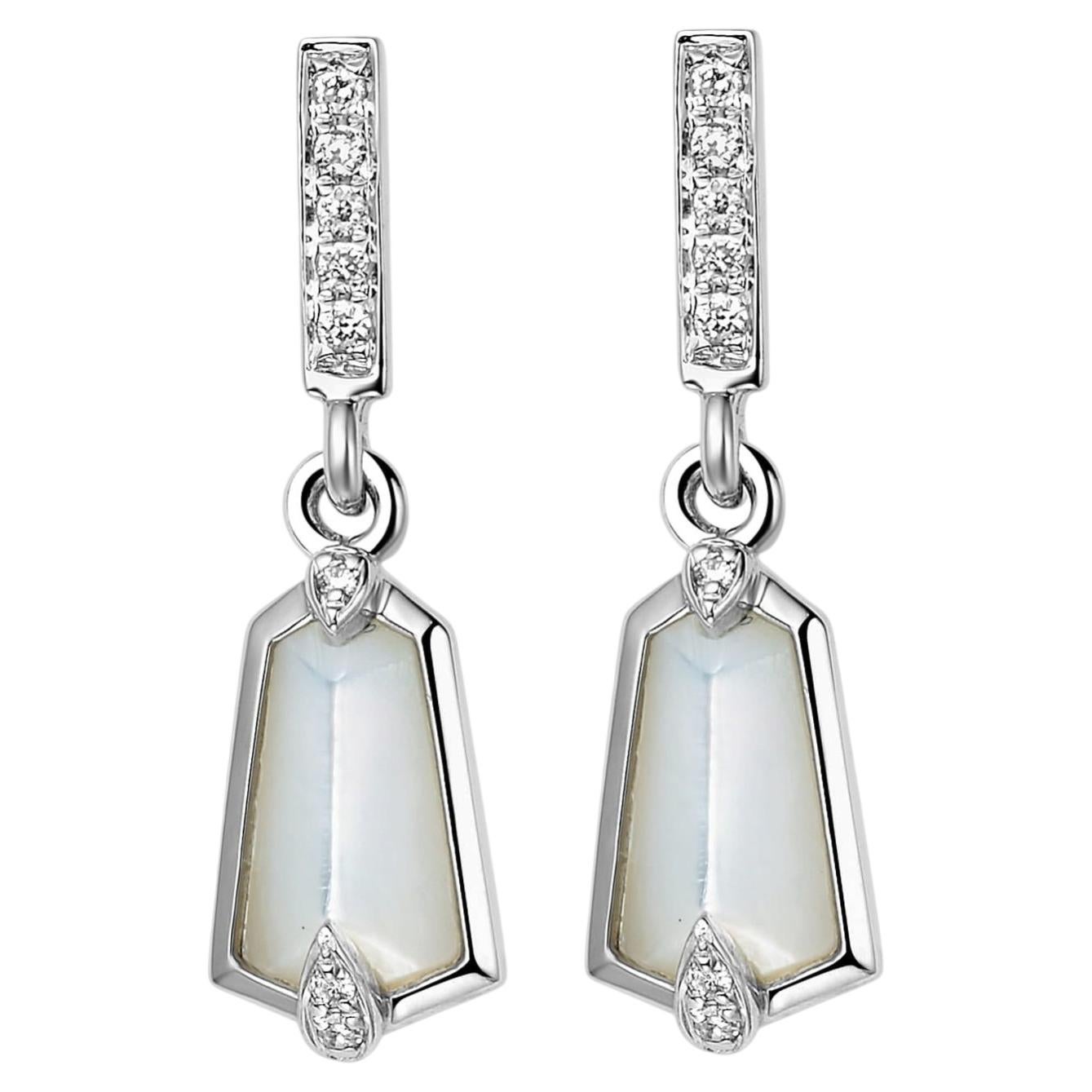 Kite-Cut Mother of Pearl and Diamond 18 Karat White Gold Small Drop Earrings For Sale