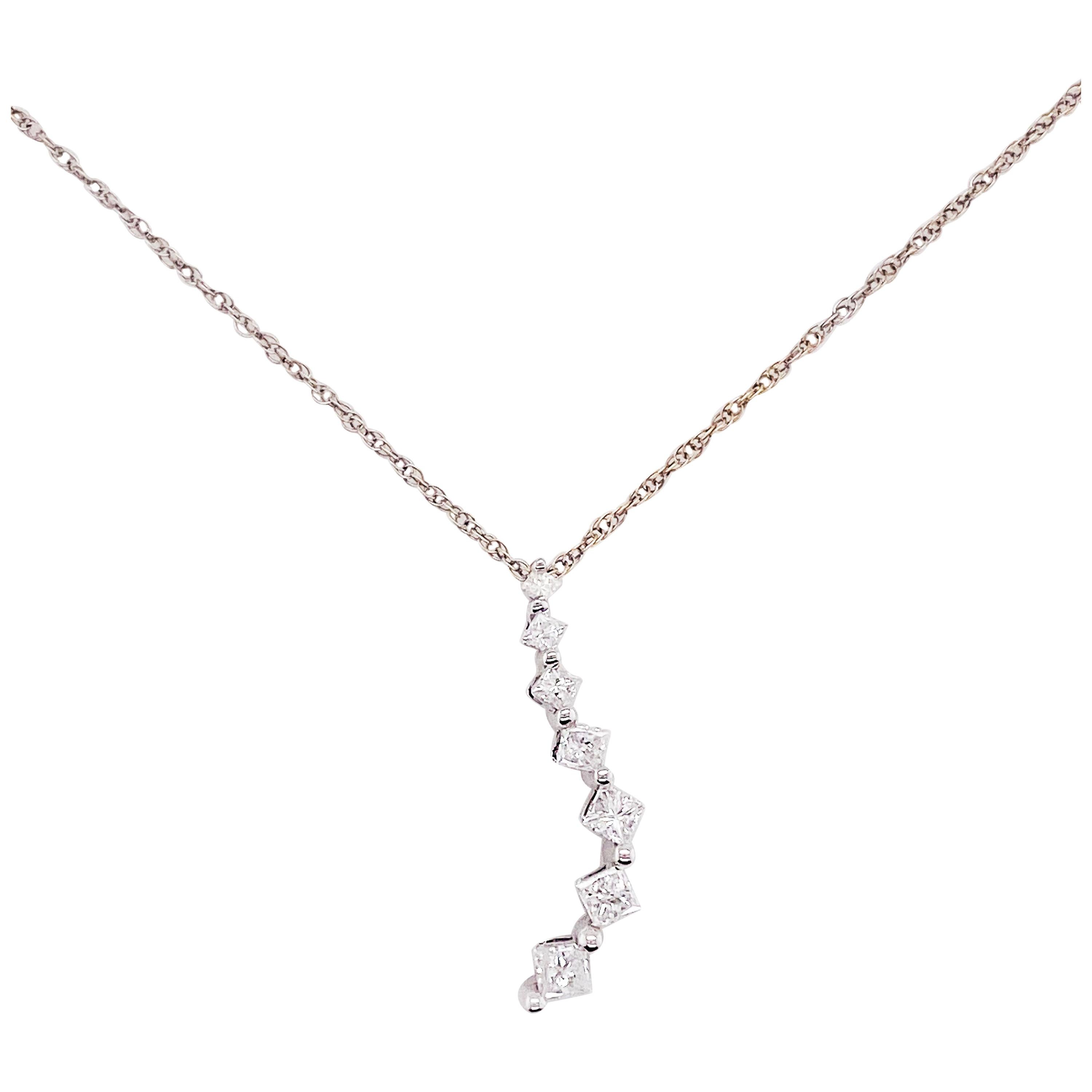 Journey Diamond Necklace, 14K River of Diamond Drop Pendant with Princess Cut For Sale