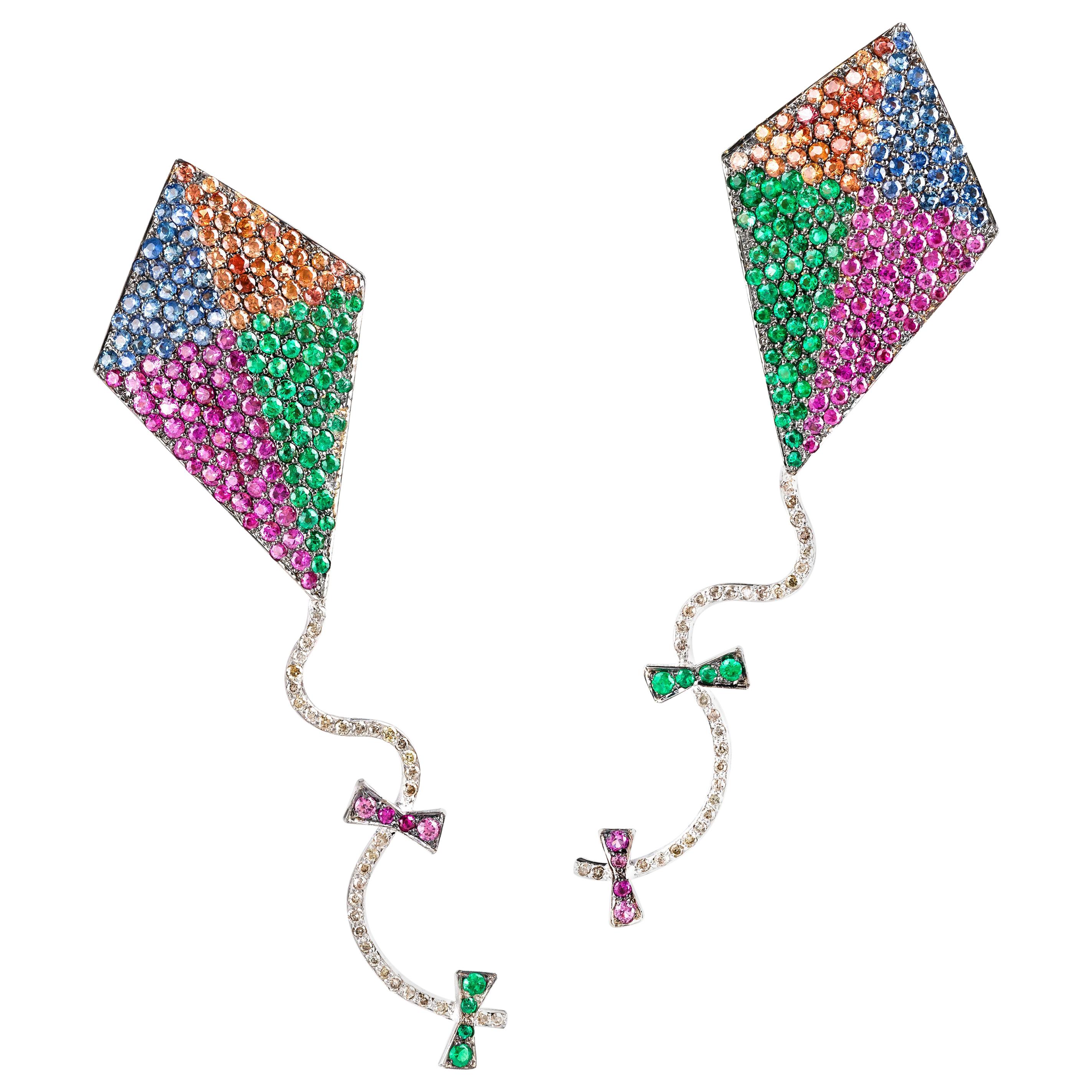 Rosior one-off Diamond, Sapphire and Emerald Earrings in White and Yellow Gold 