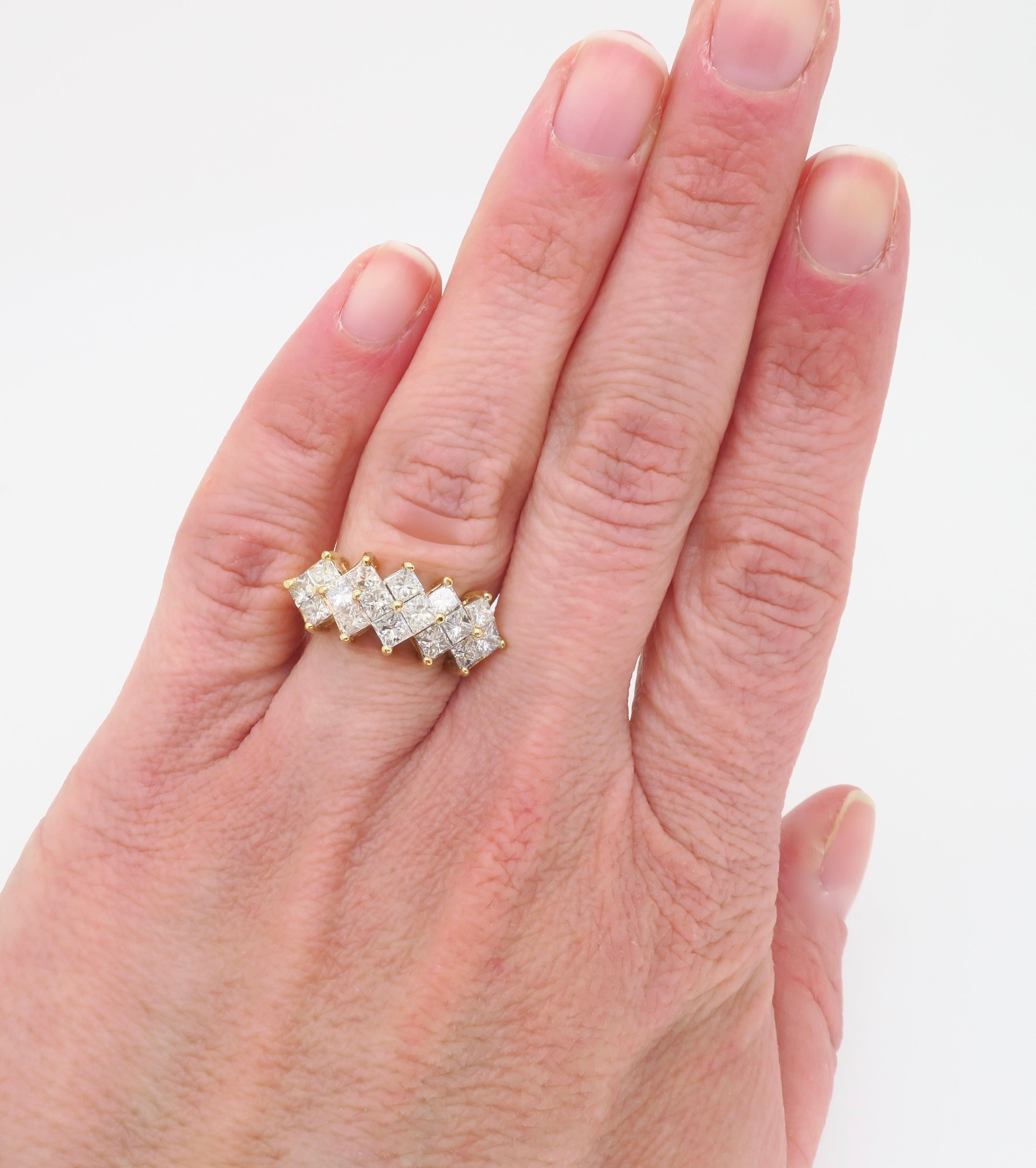 Kite set three-row diamond ring made in 14k yellow gold with 1.28ctw of diamonds. 

Diamond Cut: Princess Cut 
Total Diamond Carat Weight: Approximately 1.28CTW
Average Diamond Color: G-I
Average Diamond Clarity: VS-SI
Metal: 14k Yellow Gold
Ring