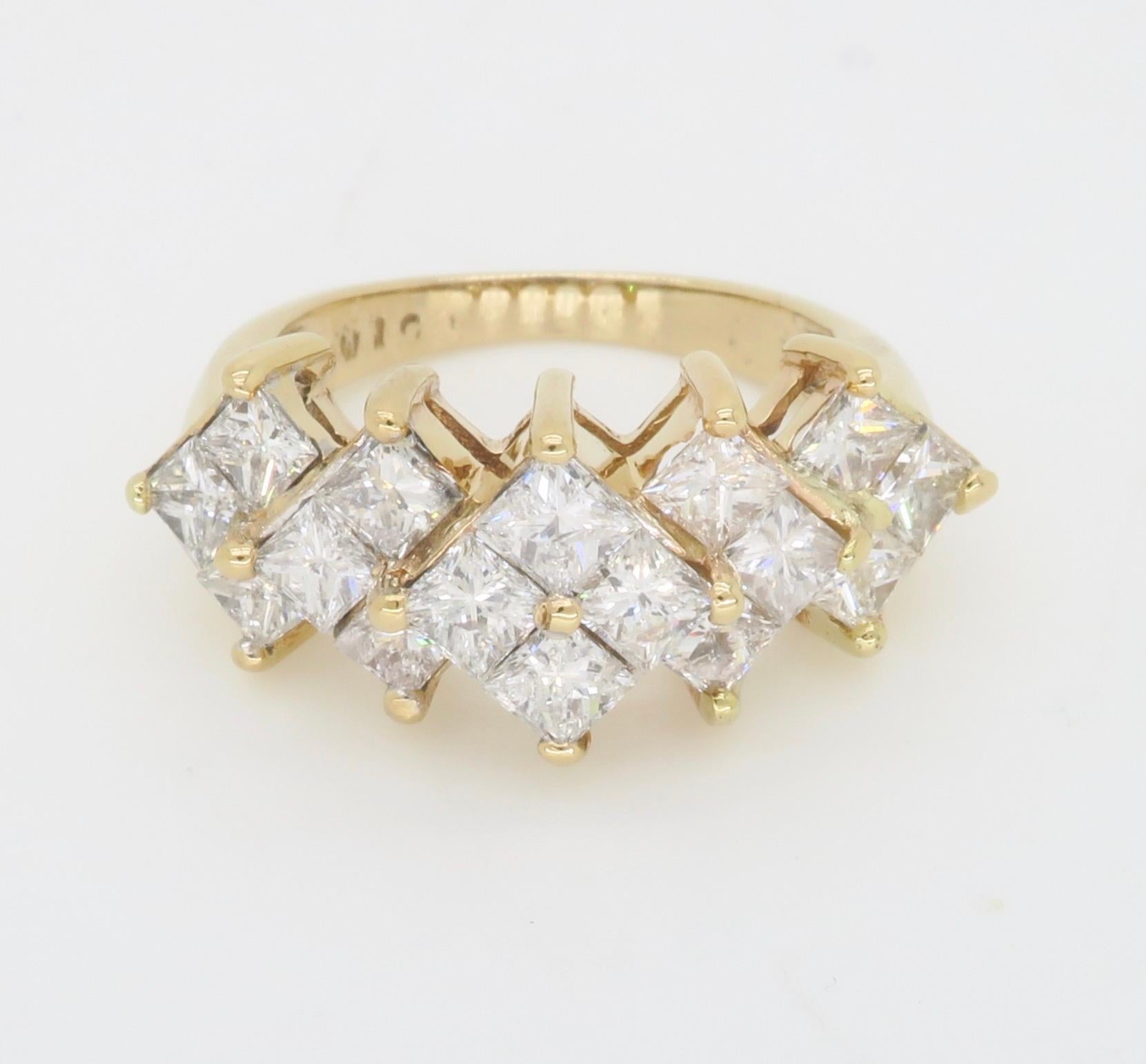 Kite Set Princess Cut Three Row Diamond Ring In Excellent Condition For Sale In Webster, NY