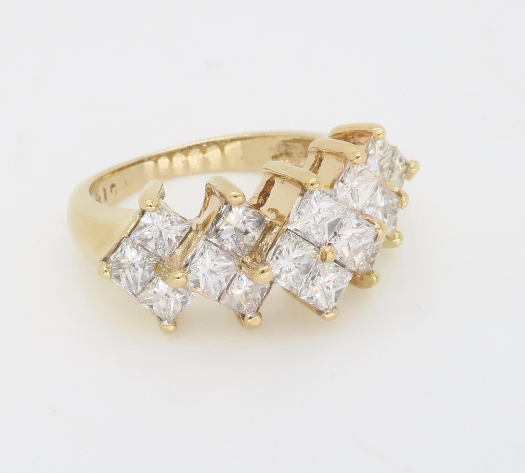 Kite Set Princess Cut Three Row Diamond Ring For Sale 1