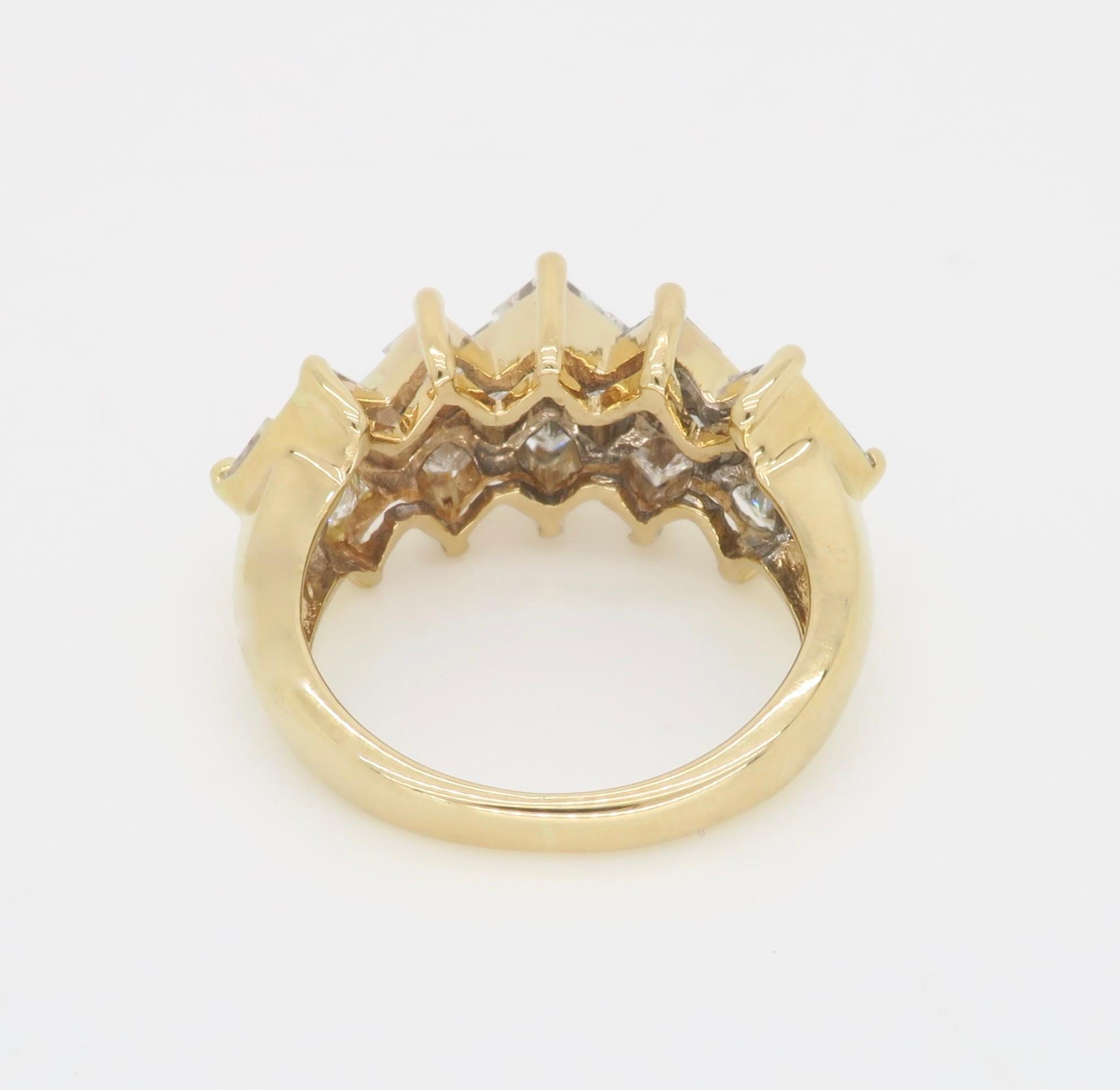 Kite Set Princess Cut Three Row Diamond Ring For Sale 2