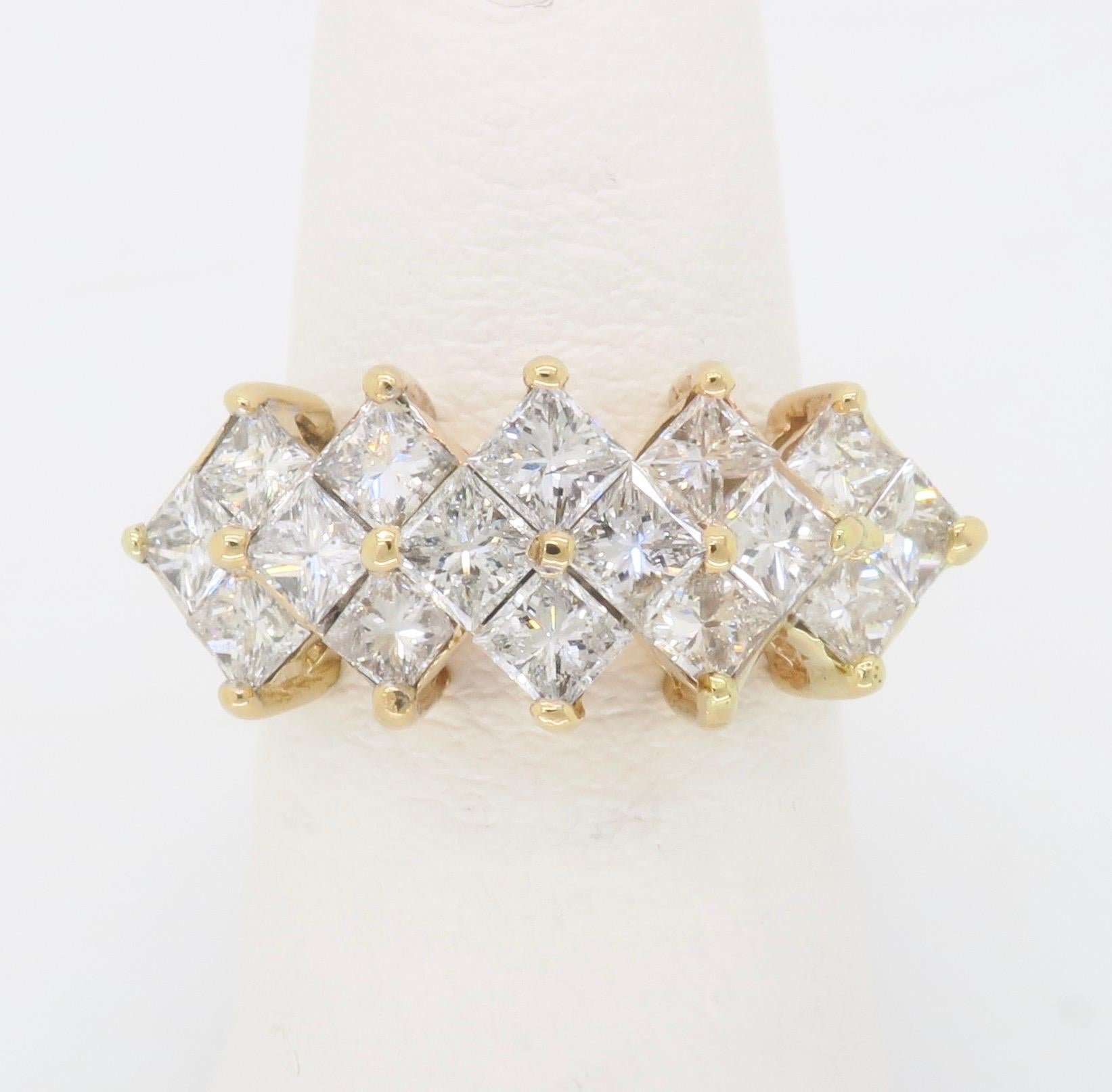 Kite Set Princess Cut Three Row Diamond Ring For Sale 3