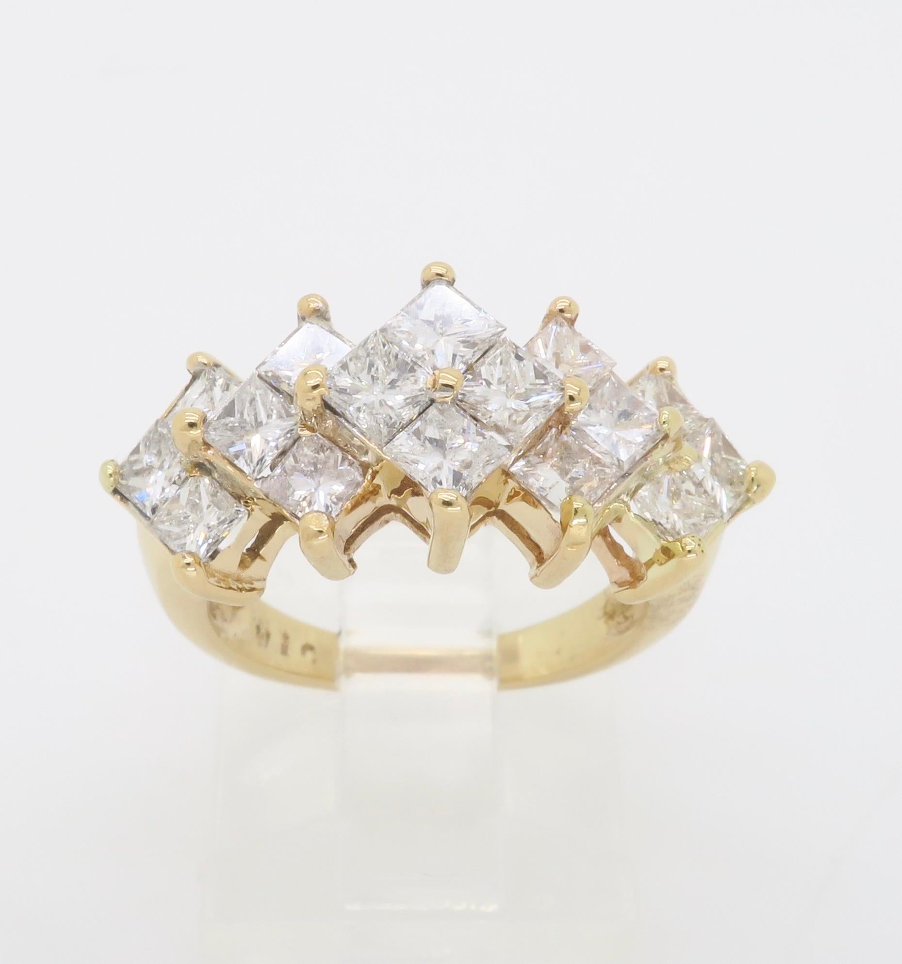 Kite Set Princess Cut Three Row Diamond Ring For Sale 4