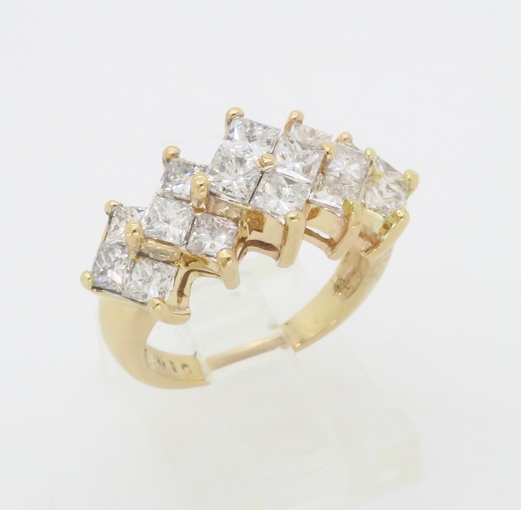 Kite Set Princess Cut Three Row Diamond Ring For Sale 5