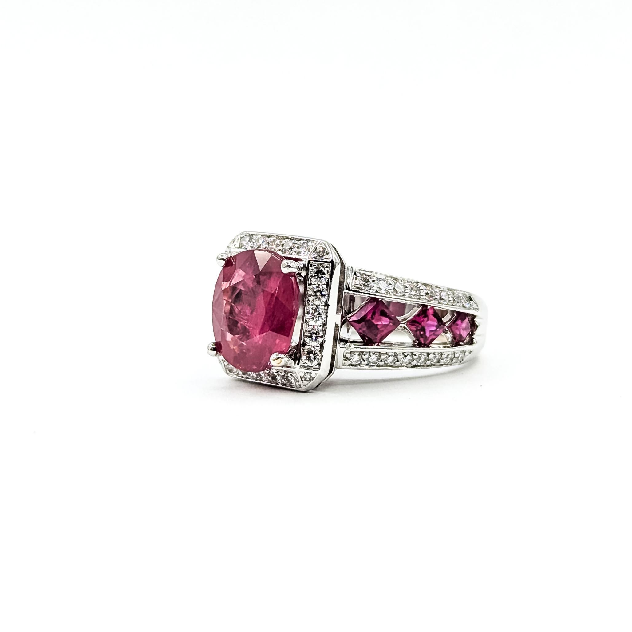 Contemporary Kite-Set Ruby & Diamond Ring in 18k For Sale